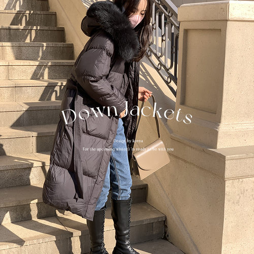 特价 韩国长款羽绒服714 90%白鹅绒带毛领大帽子系腰绳300g充绒