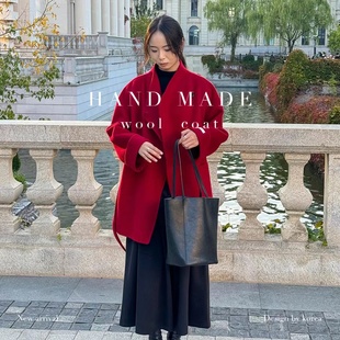 洋气女装 长毛高领系腰绳时尚 羊毛大衣 羊毛大衣589中长款 韩国新款