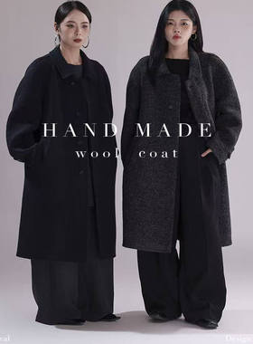 韩版 新款女装羊毛长款大衣85042翻领休闲通勤女装羊毛大衣外套