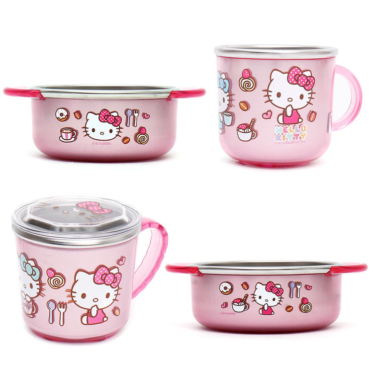 韩国进口hello kitty凯蒂猫不锈钢双层儿童 碗 杯子 小孩餐具