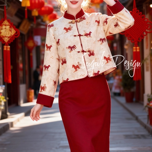 撞色圆领印花外套马年战袍红色旗袍连衣裙 新中式 泽灵 放马川