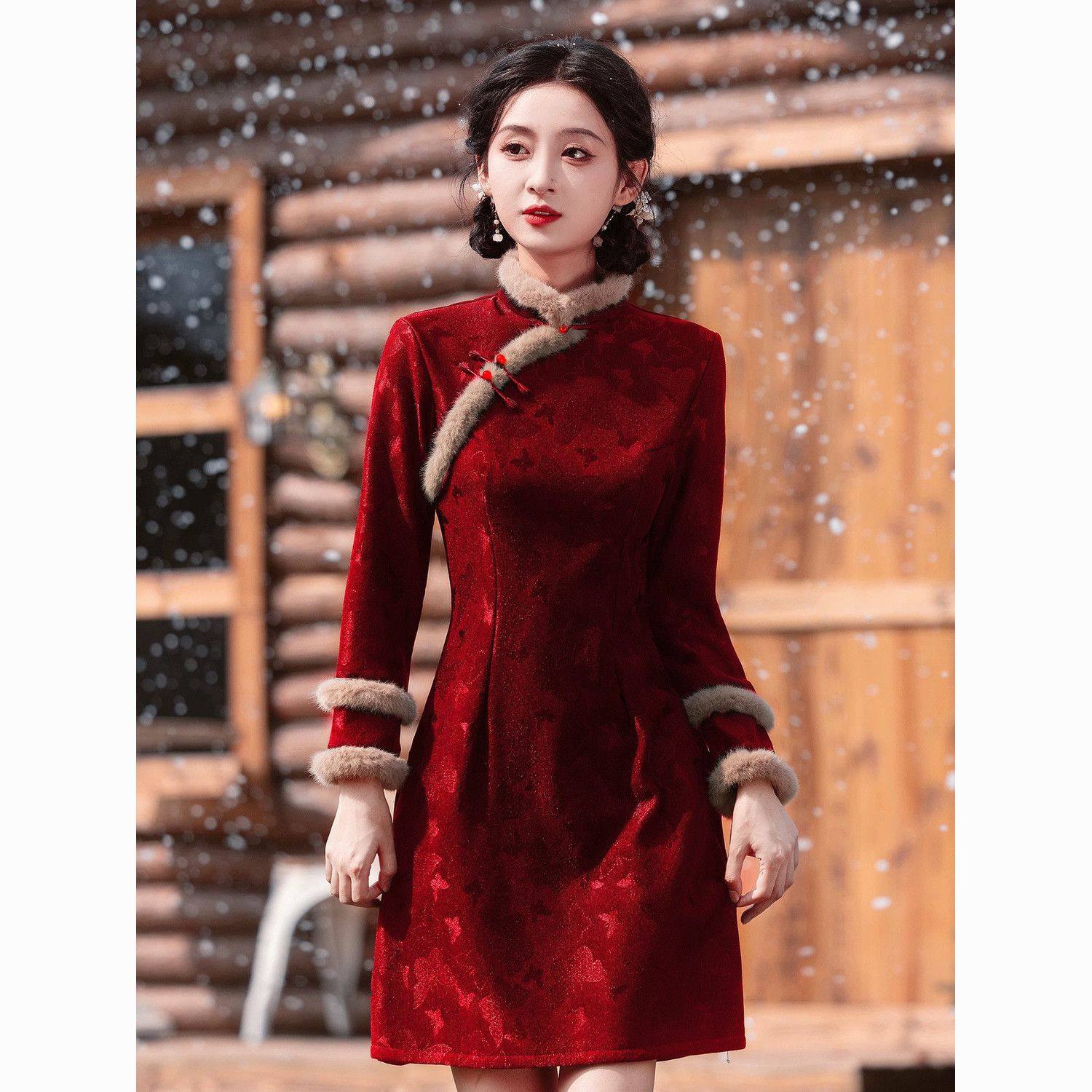 中长款旗袍冬季带口袋加绒保暖长袖新款小个子A版遮肚子改良旗袍,女装/女士精品,旗袍,淘宝优惠券,粉丝福利购,淘宝优惠卷
