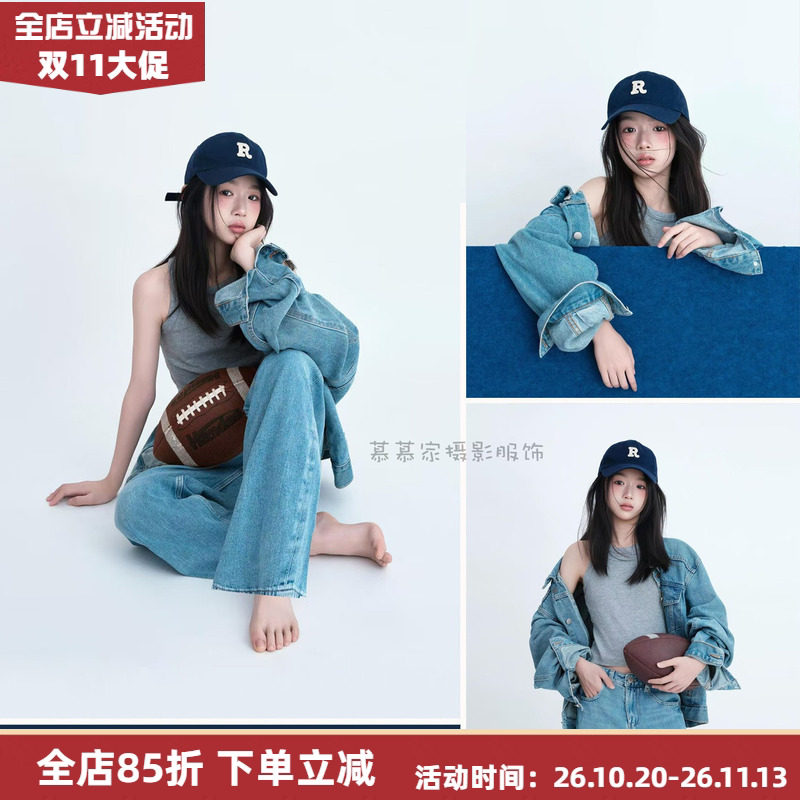 韩系牛仔套装女棒球运动风街拍个性三件套时尚甜美模卡走秀套装