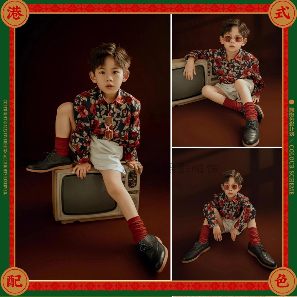 儿童复古油画港风演出走秀套装