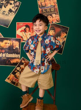 时尚复古港风儿童幼儿园拍三件套