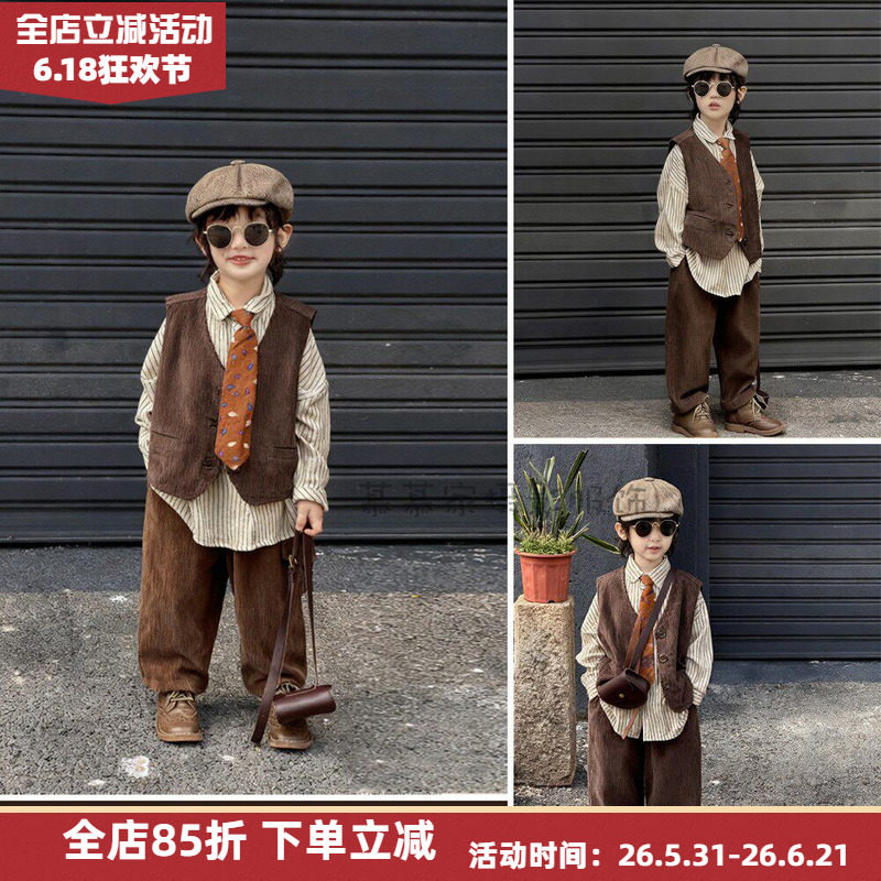 复古港风男孩小绅士马甲套装影楼拍照主题服装条纹衬衫灯芯绒套装