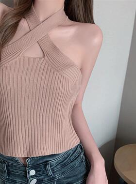 2023夏季新款小性感黑色显瘦百搭挂脖交叉针织露脐吊带打底背心女