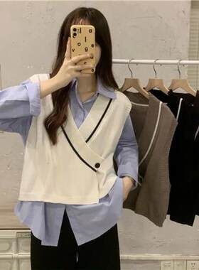 白色领针织马甲女秋新款外搭交叉条纹小背心叠穿短款毛衣马夹