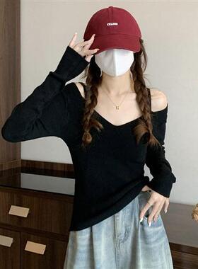 黑色气质一字领小众别致拼接毛衣针织纱秋季性感纯欲露肩修身上衣