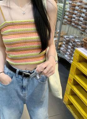 夏季新款泰式甜辣chic内搭外穿短款设计感上衣彩虹条纹吊带背心女