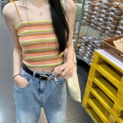 夏季新款泰式甜辣chic内搭外穿短款设计感上衣彩虹条纹吊带背心女