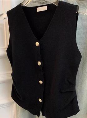 黑色韩版修身小香风单排扣领吊带背心女夏季外穿简约无袖薄上衣