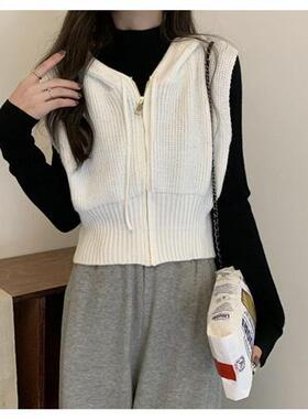 短款收腰针织连帽马甲背心秋冬新款休闲百搭纯色个性拉链上衣