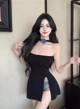 纯欲风黑色花朵抹胸背心女夏季修身内搭开叉无袖裹胸露背上衣外穿