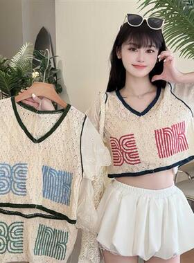 森系镂空钩花领短袖针织衫女夏季设计感拼接时尚百搭短款小上衣