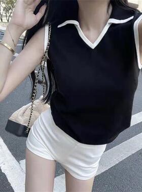 夏季新款撞色领百搭无袖背心女辣妹黑色小个子显瘦上衣