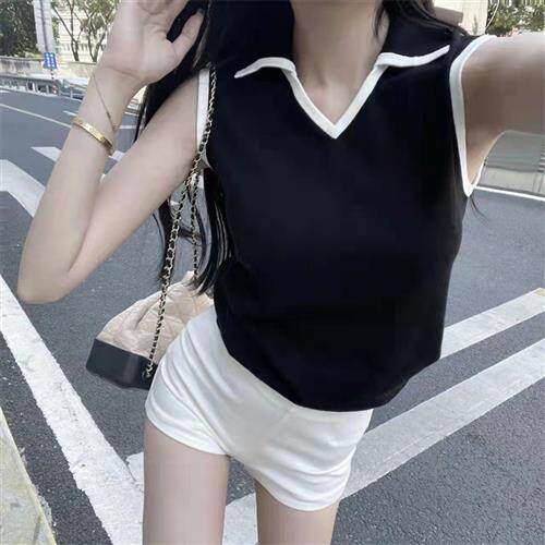 夏季新款撞色领百搭无袖背心女辣妹黑色小个子显瘦上衣