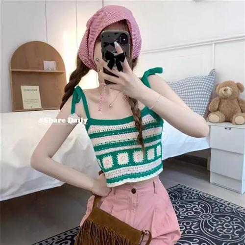 新款设计夏季短款花朵气质外穿上衣复古刺绣针织镂空吊带钩花背心