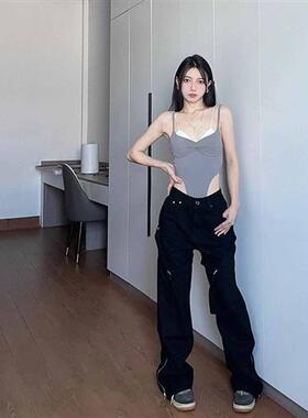 甜辣风气质灰色拼接背心连体衣女夏季新款修身显瘦假两件吊带上衣