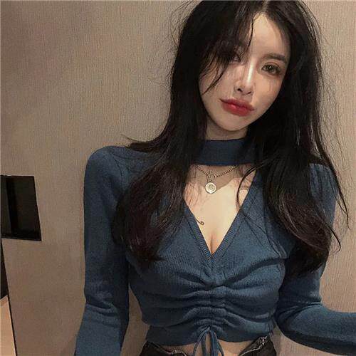 挂脖领紧身内搭打底衫显瘦长袖针织衫女秋季露脐设计感小众上衣