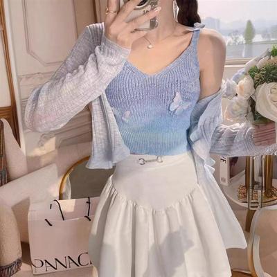 纯欲风彩虹条纹针织吊带背心夏季多巴胺甜辣设计蝴蝶辣妹上衣外穿