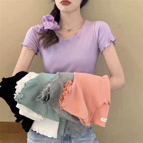糖果色慵懒通勤木耳边冰丝短袖t恤女修身显瘦小众内搭针织衫上衣