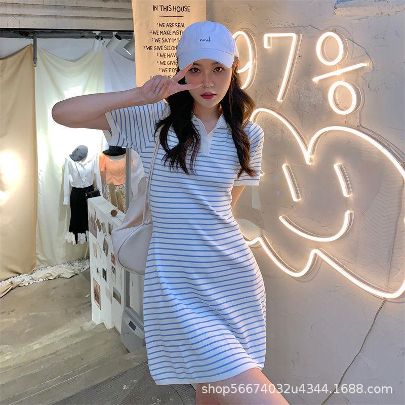ins夏季新款polo连衣裙女翻领纯欲辣妹A字包臀显瘦短款条纹t恤裙