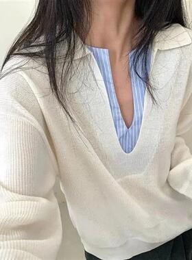 春秋新款设计感拼接假两件长袖针织衫女宽松显瘦领上衣