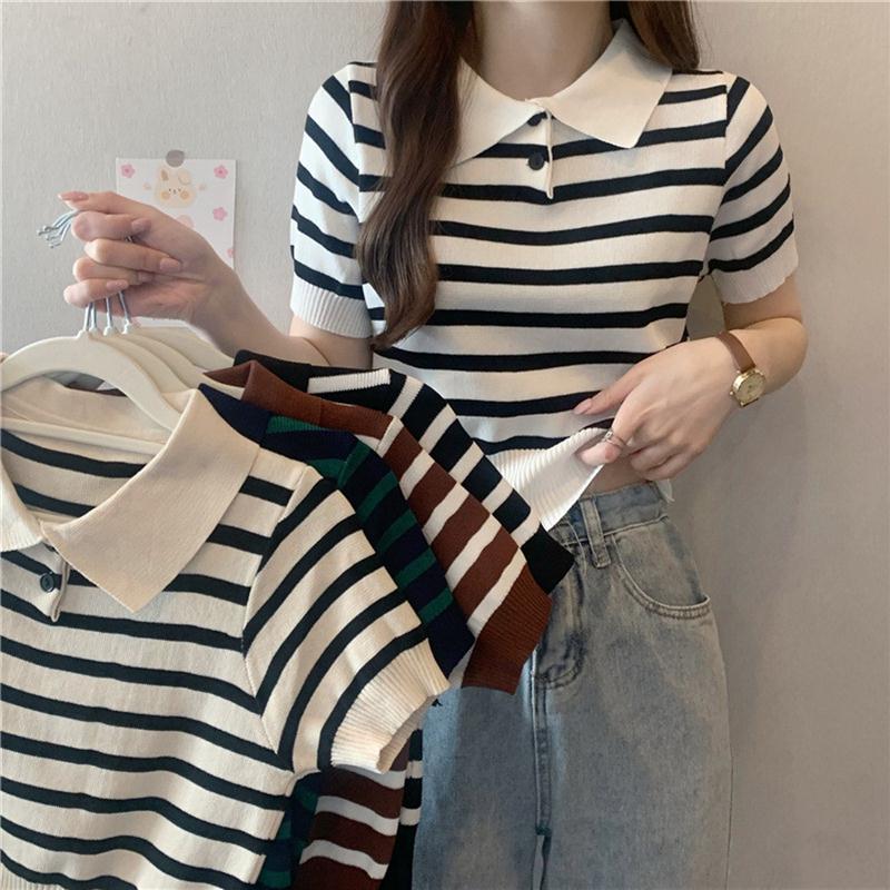 2024夏季新款修身显瘦复古条纹气质显瘦短袖Polo衫短款T恤上衣女