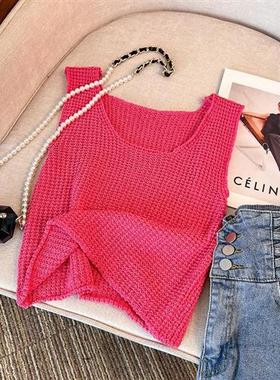 夏季外穿辣妹针织设计感短款无袖红色新款小众吊带针织衫背心上衣