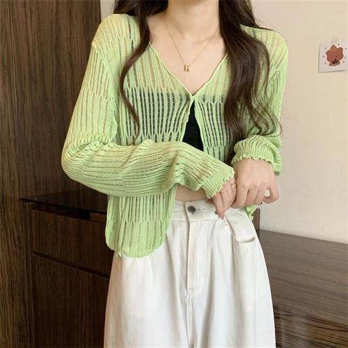 V领针织罩衫衫外套女薄款2024夏季新款温柔系木耳边上衣短款开衫