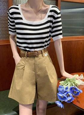 条纹正肩短袖薄款针织恤女夏季新款设计感复古冰丝镂空短款上衣