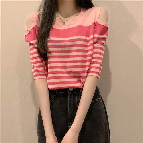 撞色拼接露肩条纹短袖T恤女设计感小众宽松薄款休闲针织衫上衣