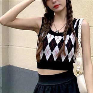 甜辣菱格针织背心吊带女春装新款内搭外穿短款粉色格子上衣夏