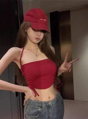 红色复古挂脖吊带背心女夏季性感辣妹抽绳褶皱绑带短款针织衫上衣