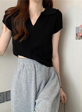 绿色T恤女夏季新品短款网红镂空针织衫百搭显瘦polo领短袖上衣潮