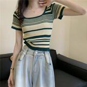 高腰短款 夏季 上衣 针织T恤女韩版 设计感气质修身 新款 撞色条纹短袖
