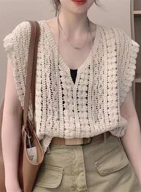 镂空钩花领马甲针织衫女夏季新款设计短款外搭防晒无袖上衣