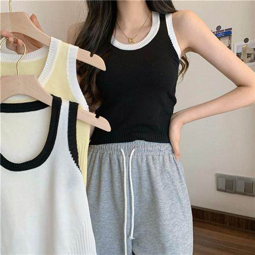 2024夏季新款辣妹针织吊带背心女内搭假两件拼色工字无袖上衣外穿