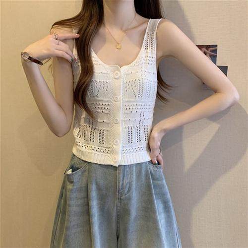 甜美镂空针织吊带背心女夏季外穿设计感开衫美背显瘦短款无袖上衣
