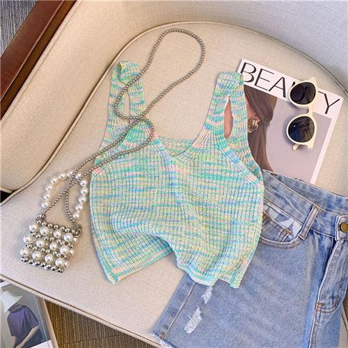 彩虹扎染针织吊带背心女2024夏季法式甜辣风短款气质辣妹上衣无袖