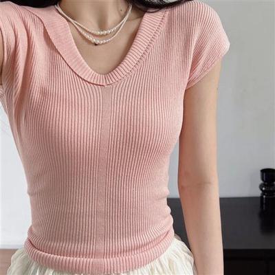 韩系气质v领正肩冰丝针织衫短袖T恤女夏季薄款修身小个子短款上衣