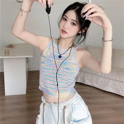 性感彩虹吊带女夏季新款外穿短款辣妹挂脖背心露肩气质无袖上衣潮
