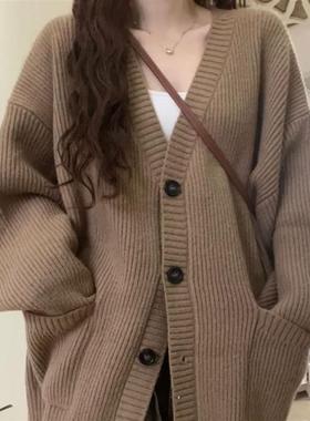 韩版V领慵懒风开衫2024新款日系简约毛衣女春秋冬休闲宽松针织衫