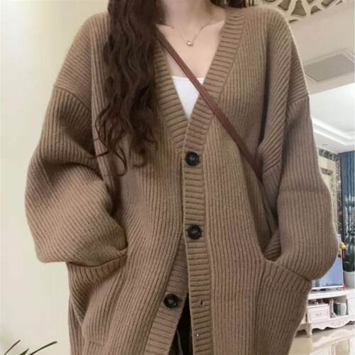 韩版V领慵懒风开衫2024新款日系简约毛衣女春秋冬休闲宽松针织衫