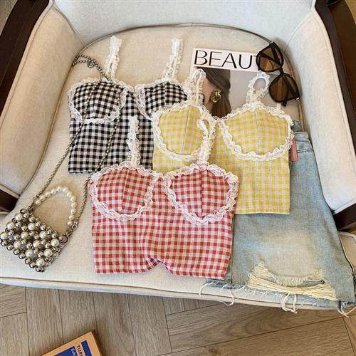 别致设计感蕾丝花边吊带背心女夏季短款款露脐抹胸格纹印花上衣服