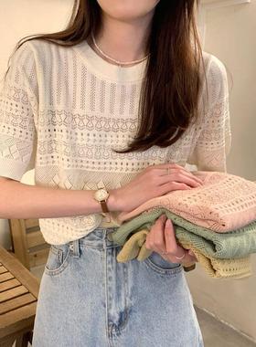 小香风镂空钩花短袖针织T恤女夏季新款韩版设计感洋气修身上衣ins