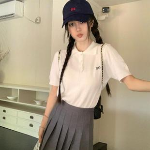 夏季 软糯减龄新款 POLO领学院蝴蝶结刺绣设计别致针织短袖 上衣短款