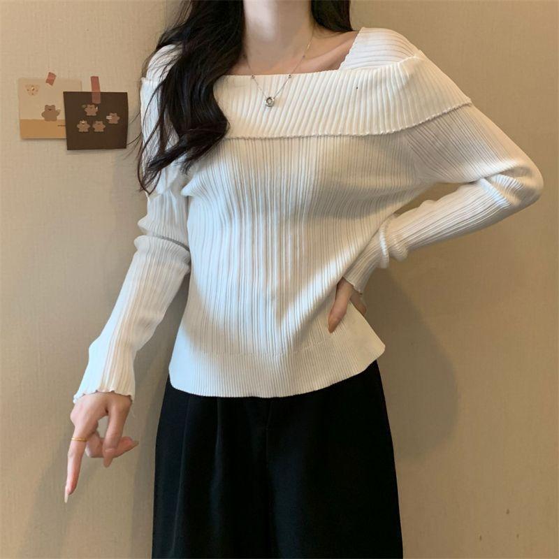 韩系极简风一字领针织衫毛衣秋季新款不规则修身设计显瘦长袖上衣