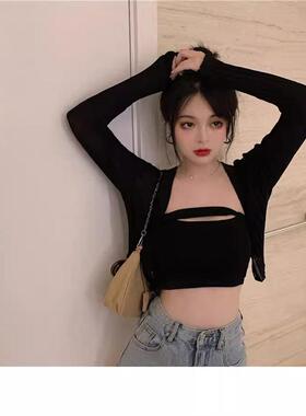 冰丝薄款黑色开衫新款夏季显瘦防晒针织外套短款舒适吊带背心套装